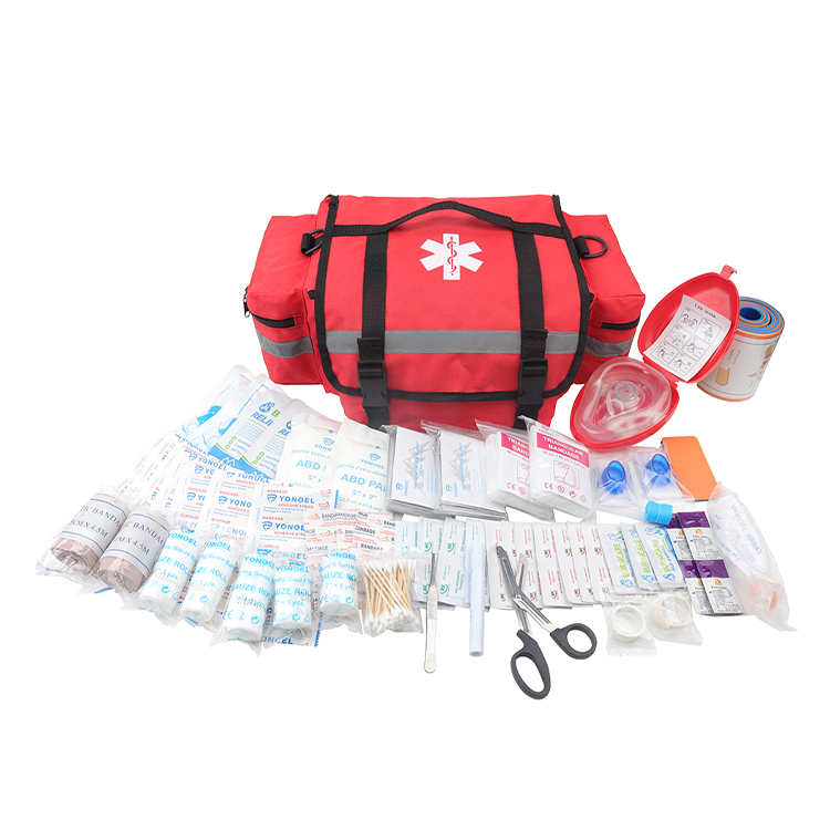 First Responder Fully-Stocked Professional Essentials EMT/EMS Trauma Kit | HSA/FSA Approved | Reflective Bag w/8 Zippered Pockets & Compartments & 200+ First Aid Supplies - Red