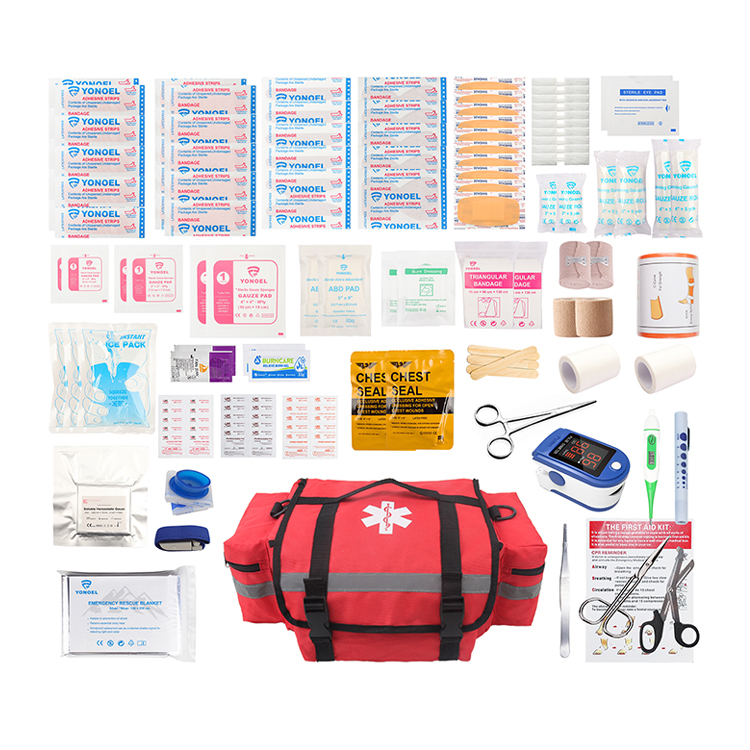 First Responder Fully-Stocked Professional Essentials EMT/EMS Trauma Kit | HSA/FSA Approved | Reflective Bag w/8 Zippered Pockets & Compartments & 200+ First Aid Supplies - Red