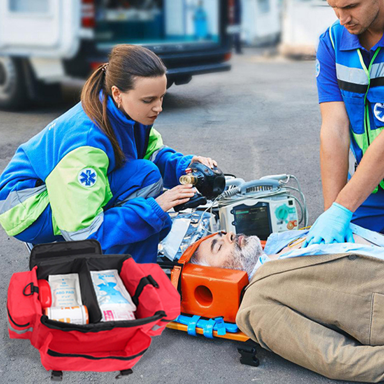 First Responder Fully-Stocked Professional Essentials EMT/EMS Trauma Kit | HSA/FSA Approved | Reflective Bag w/8 Zippered Pockets & Compartments & 200+ First Aid Supplies - Red