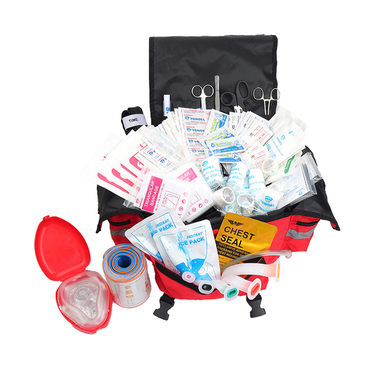 First Responder Fully-Stocked Professional Essentials EMT/EMS Trauma Kit | HSA/FSA Approved | Reflective Bag w/8 Zippered Pockets & Compartments & 200+ First Aid Supplies - Red