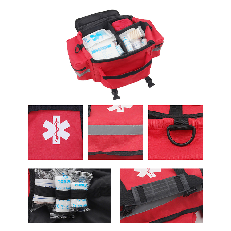 First Responder Fully-Stocked Professional Essentials EMT/EMS Trauma Kit | HSA/FSA Approved | Reflective Bag w/8 Zippered Pockets & Compartments & 200+ First Aid Supplies - Red