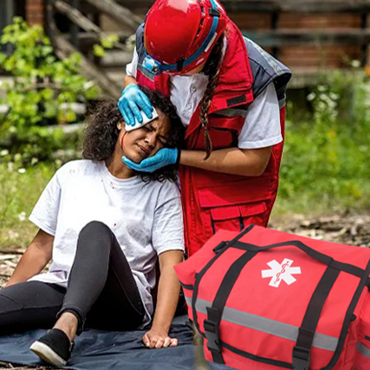 First Responder Fully-Stocked Professional Essentials EMT/EMS Trauma Kit | HSA/FSA Approved | Reflective Bag w/8 Zippered Pockets & Compartments & 200+ First Aid Supplies - Red