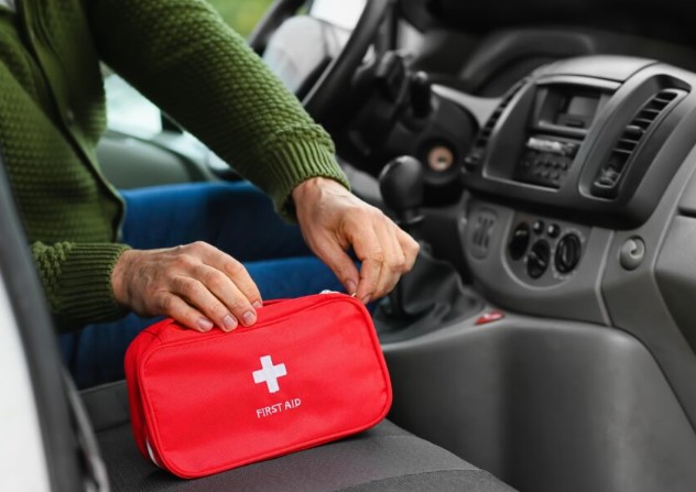Red Roadside Car First Aid Kit Compact Emergency Bag for Vehicles